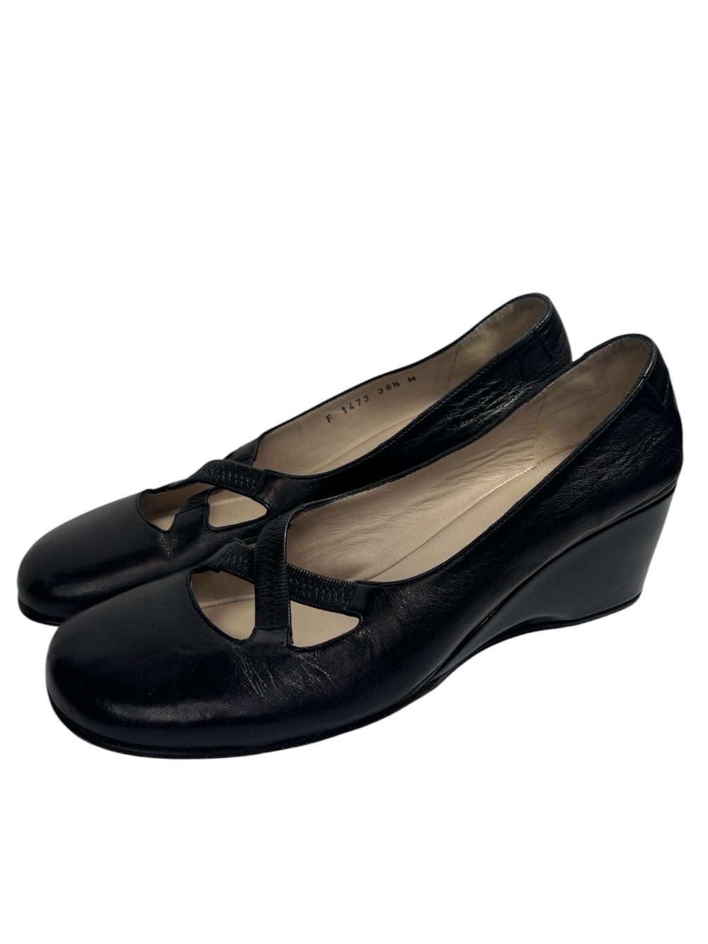 Taryn Rose Black Leather T Strap Wedge Heels Comfort Shoes Italy 8.5